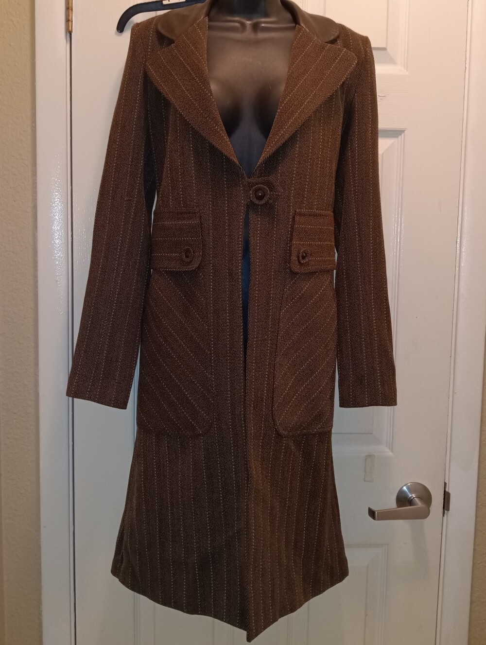 Louis Verdad Classy Brown Pinstripe Long Women's Coat